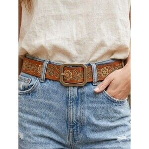 Mossimo Floral Embroidered Genuine Leather Belt Antique Buckle Boho Large